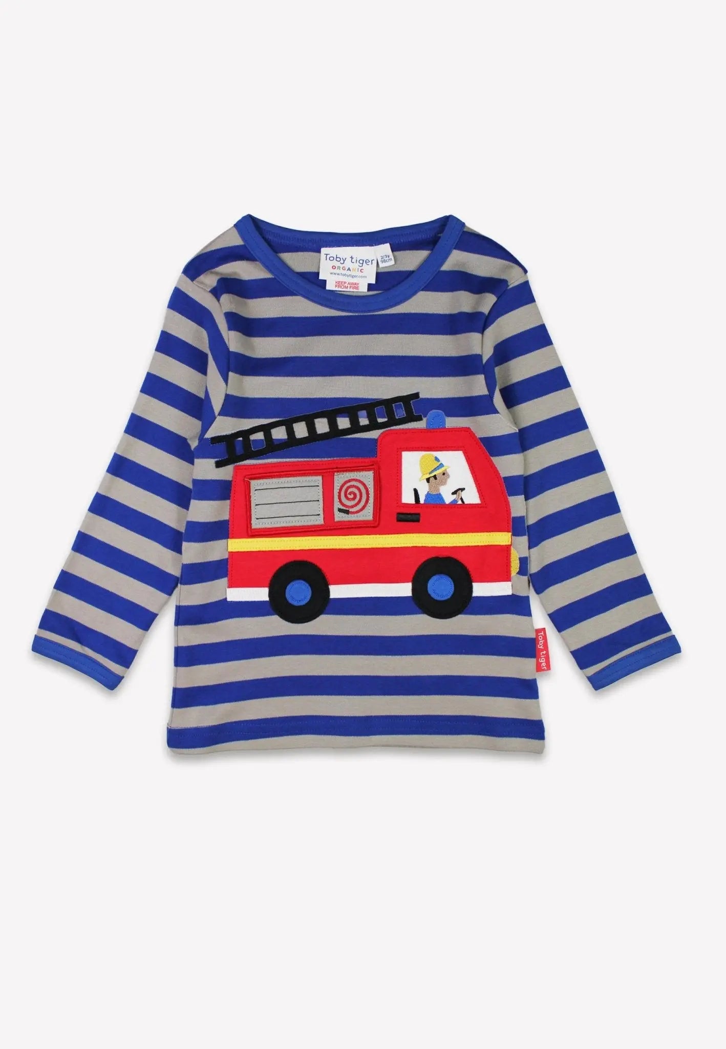 Organic Blue Fire Engine Applique Long-Sleeved T-Shirt Toby Tiger