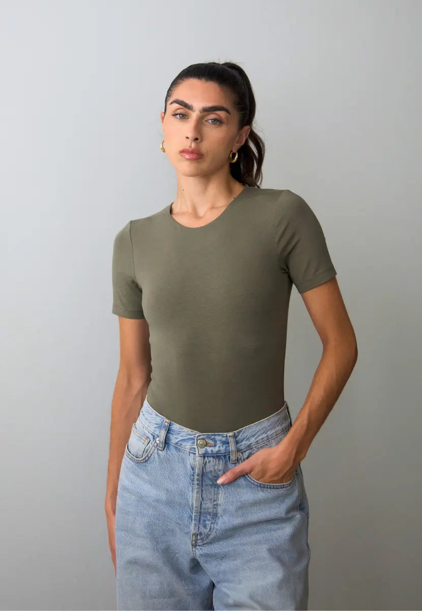 Organic Cotton Crew Bodysuit, Burnt Olive Pantee