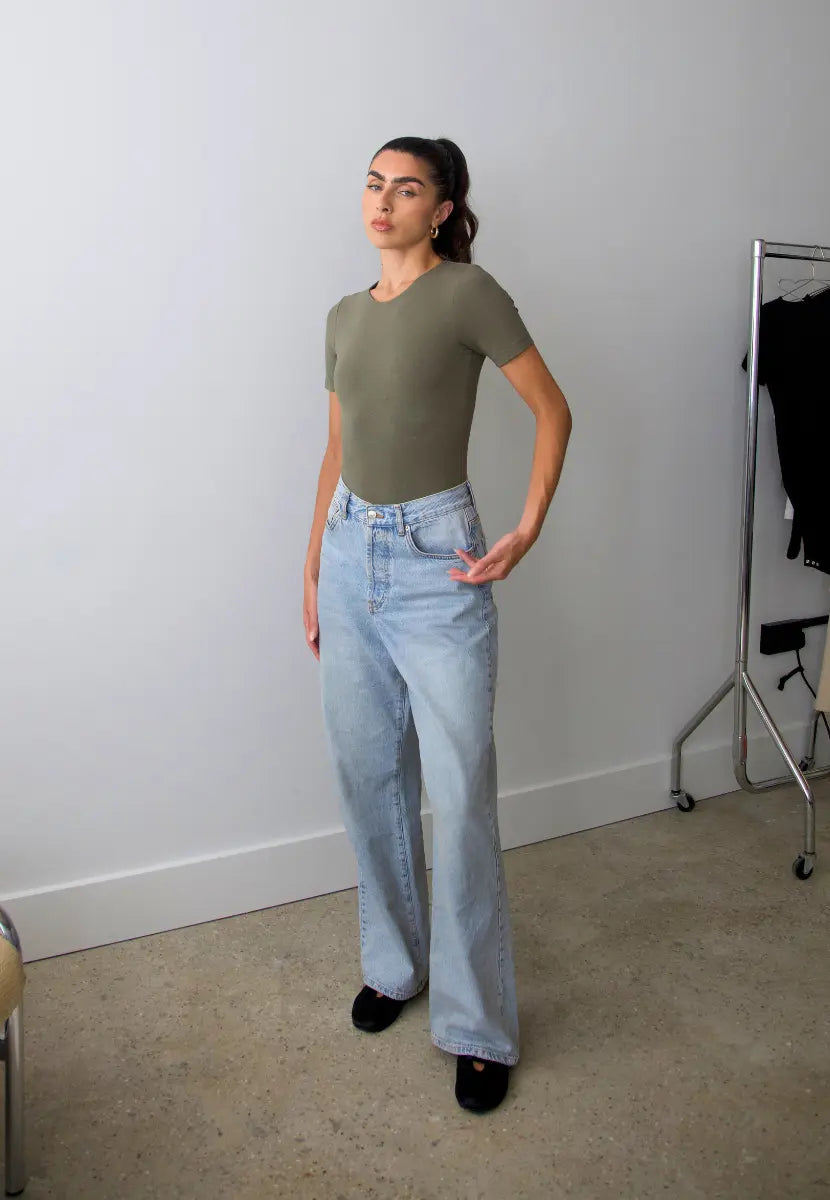 Organic Cotton Crew Bodysuit, Burnt Olive Pantee