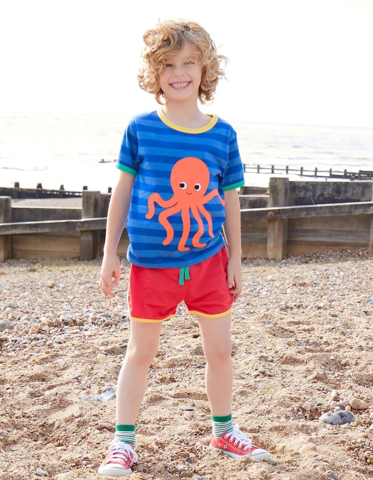 Organic Octopus Applique Dark Blue Striped Short-Sleeved T-Shirt Toby Tiger