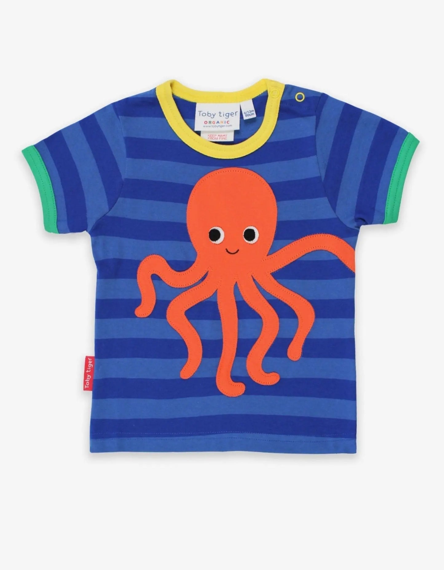 Organic Octopus Applique Dark Blue Striped Short-Sleeved T-Shirt Toby Tiger