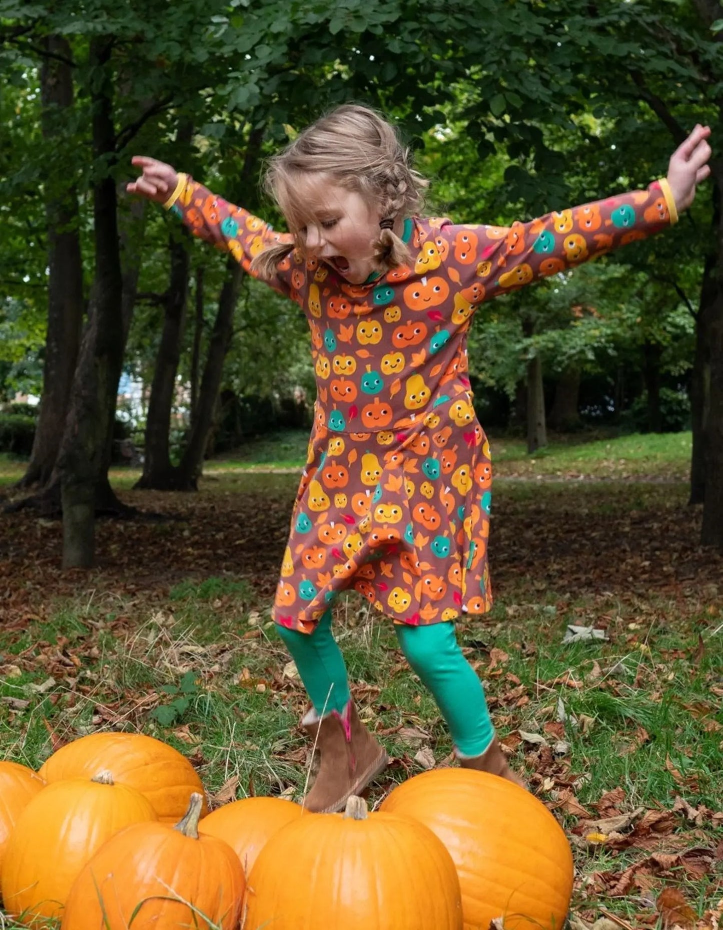 Organic Pumpkin Print Long-Sleeved Skater Dress Toby Tiger