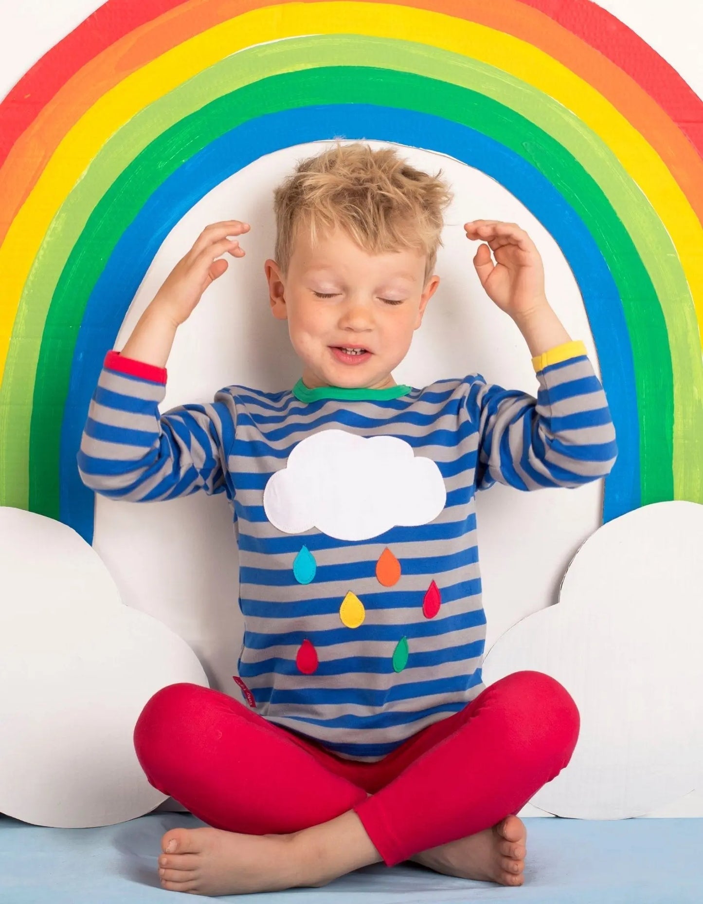 Organic Rainbow Raindrop Cloud Applique Long-Sleeved T-Shirt Toby Tiger