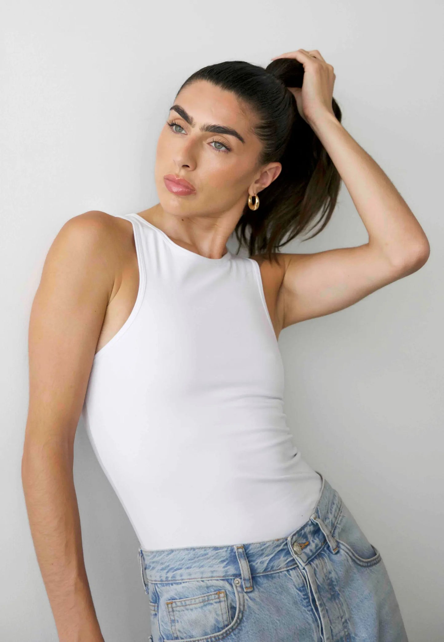 Organic Strech High-Neck Tank Top, White Pantee