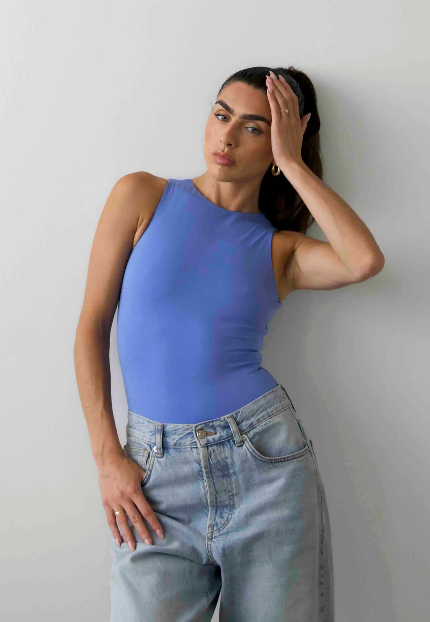 Organic Stretch High-Neck Sleeveless Bodysuit, Cornflower Blue Pantee