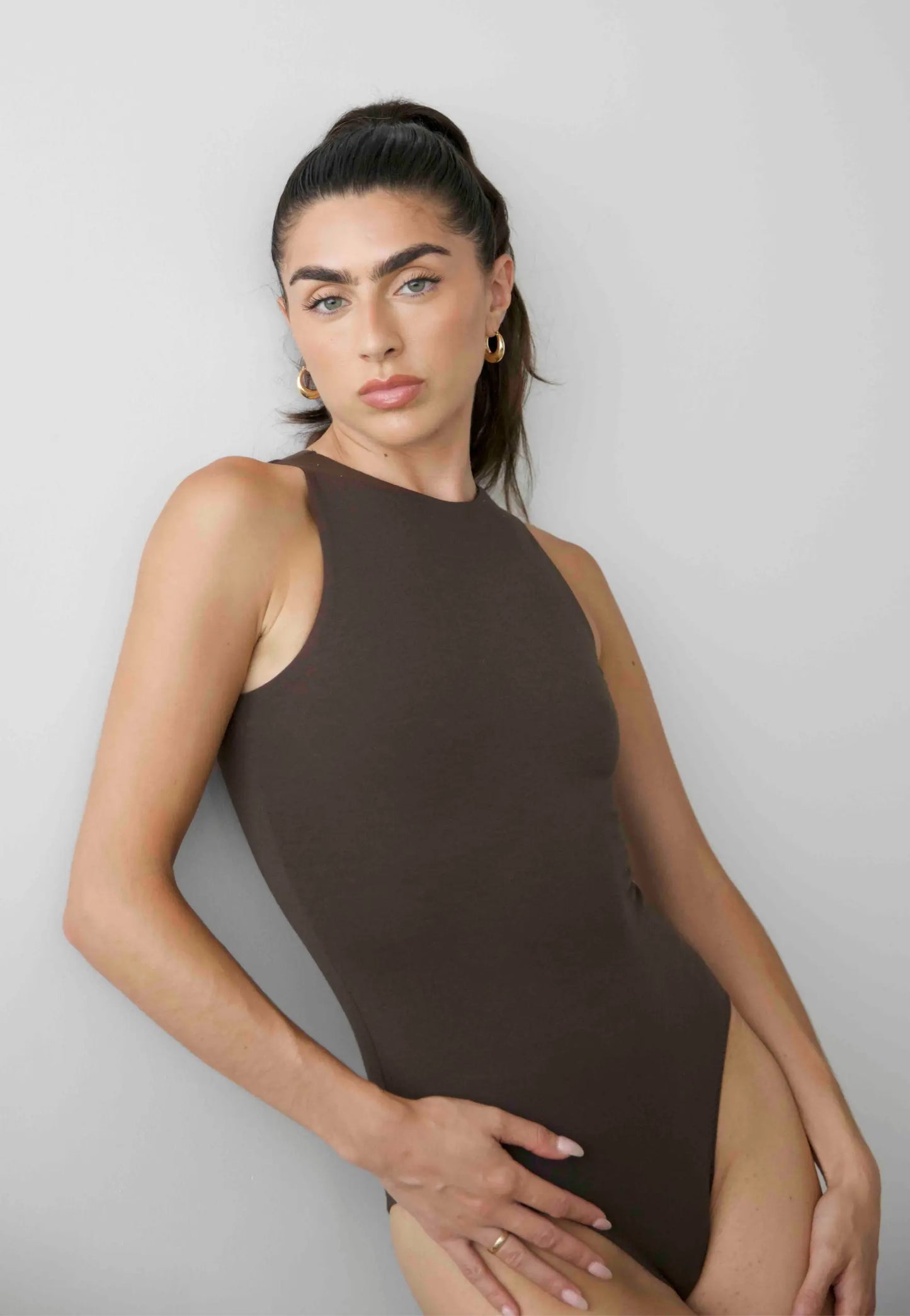 Organic Stretch High-Neck Sleeveless Bodysuit, Hot Fudge Pantee