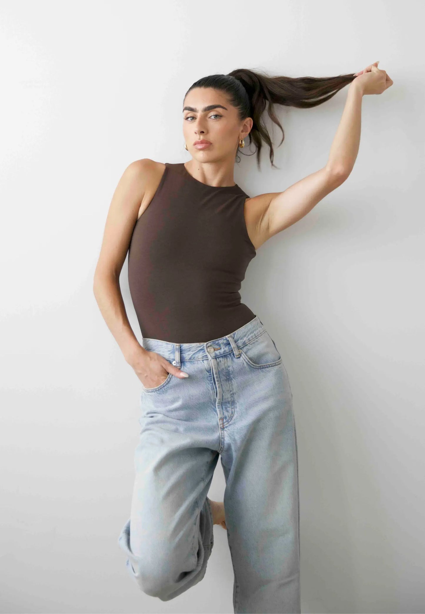 Organic Stretch High-Neck Sleeveless Bodysuit, Hot Fudge Pantee