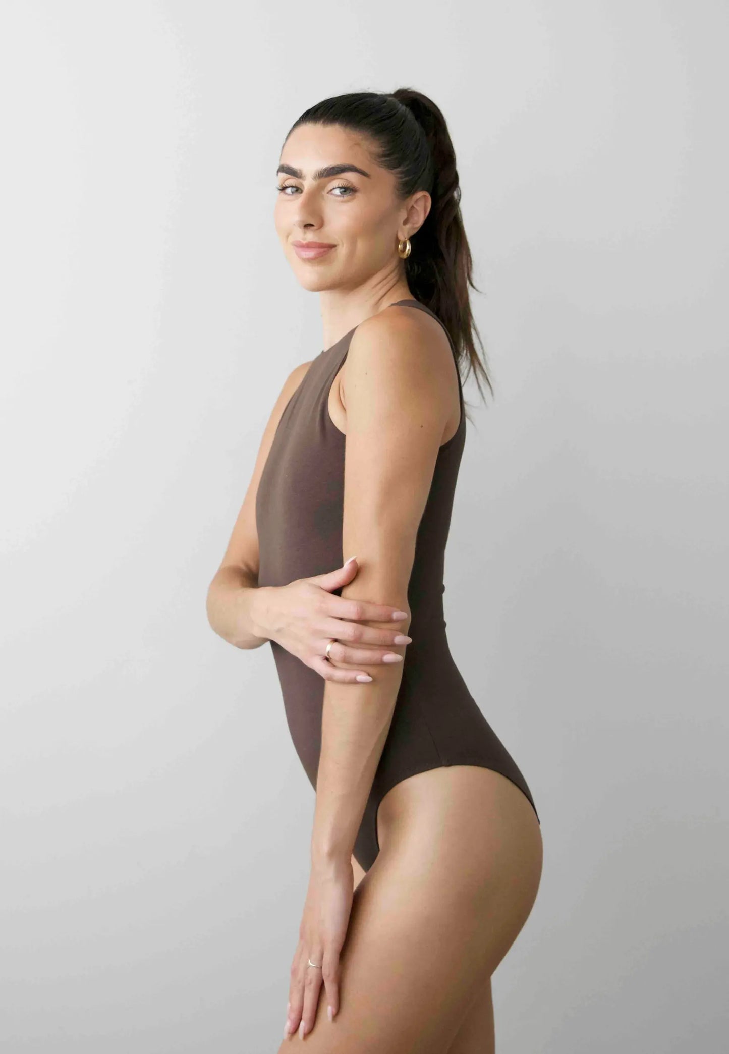 Organic Stretch High-Neck Sleeveless Bodysuit, Hot Fudge Pantee