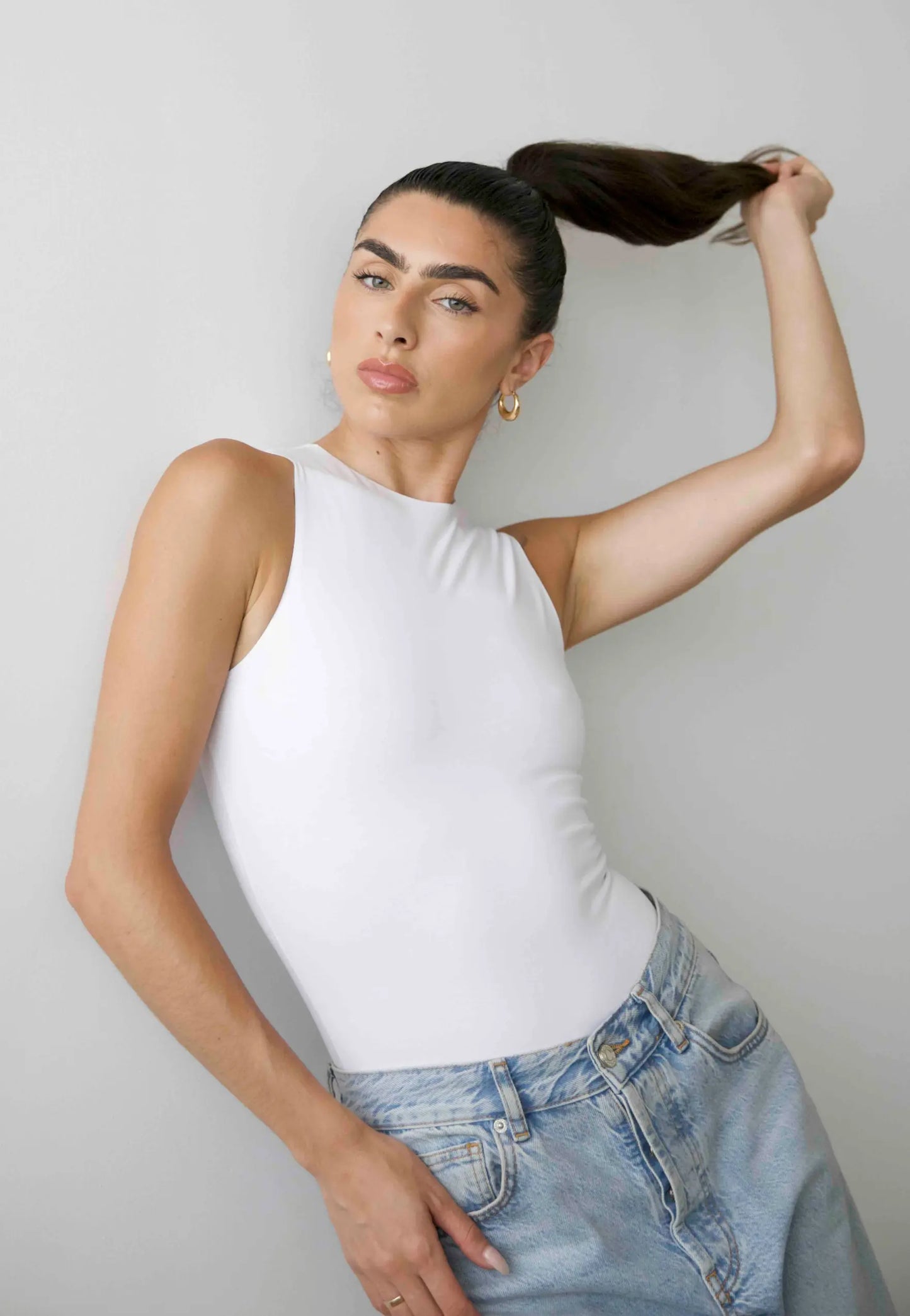 Organic Stretch High-Neck Sleeveless Bodysuit, White Pantee