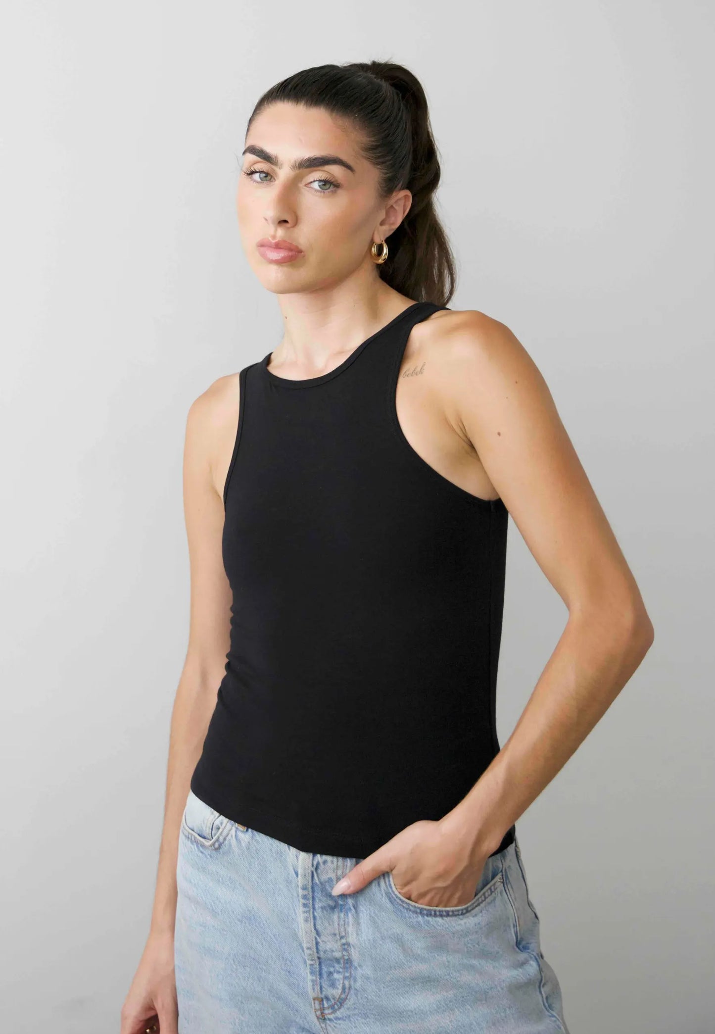 Organic Stretch High-Neck Tank Top, Black Pantee