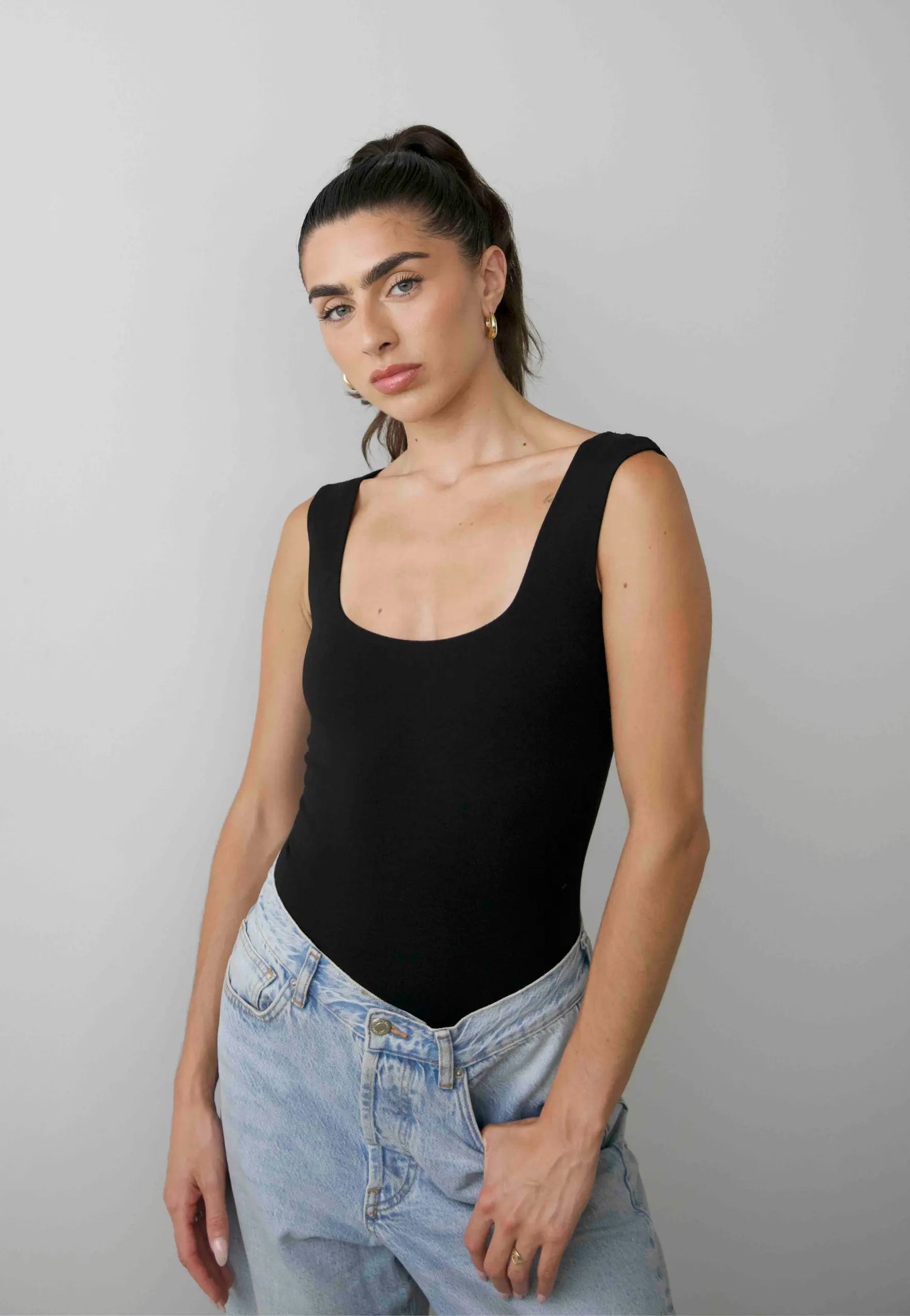 Organic Stretch Square-Neck Sleeveless Bodysuit, Black Pantee