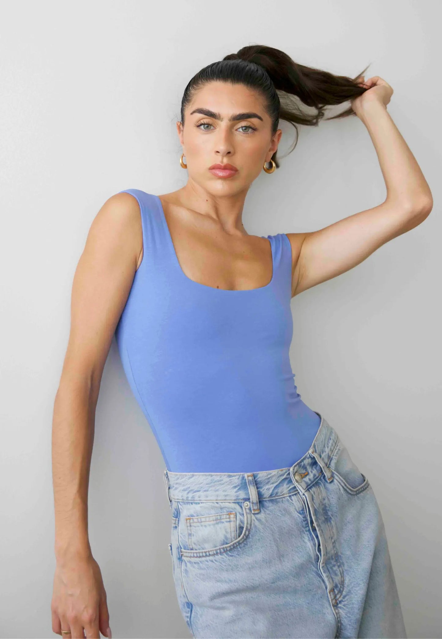 Organic Stretch Square-Neck Sleeveless Bodysuit, Cornflower Blue Pantee