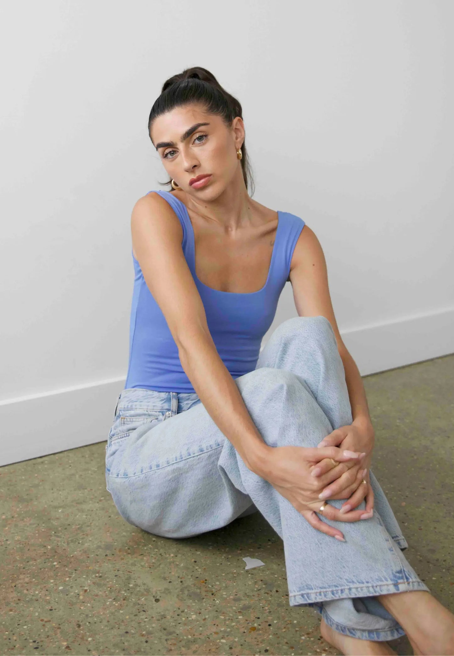 Organic Stretch Square-Neck Sleeveless Bodysuit, Cornflower Blue Pantee