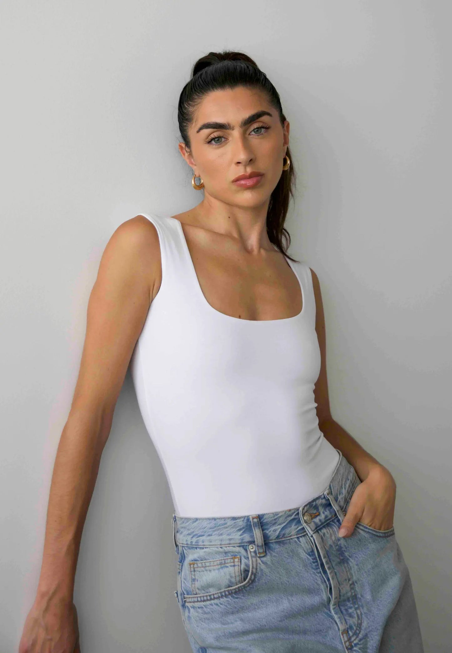 Organic Stretch Square-Neck Sleeveless Bodysuit, White Pantee