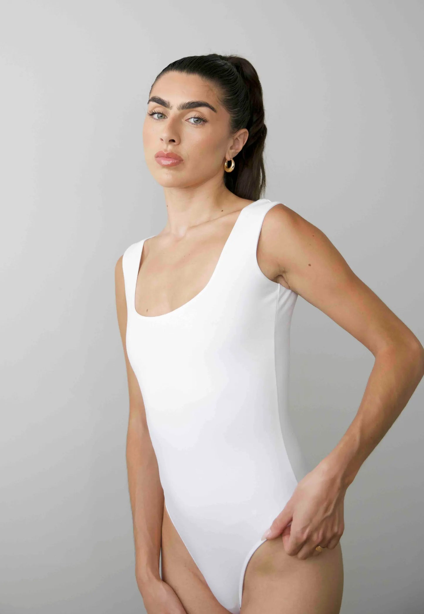 Organic Stretch Square-Neck Sleeveless Bodysuit, White Pantee