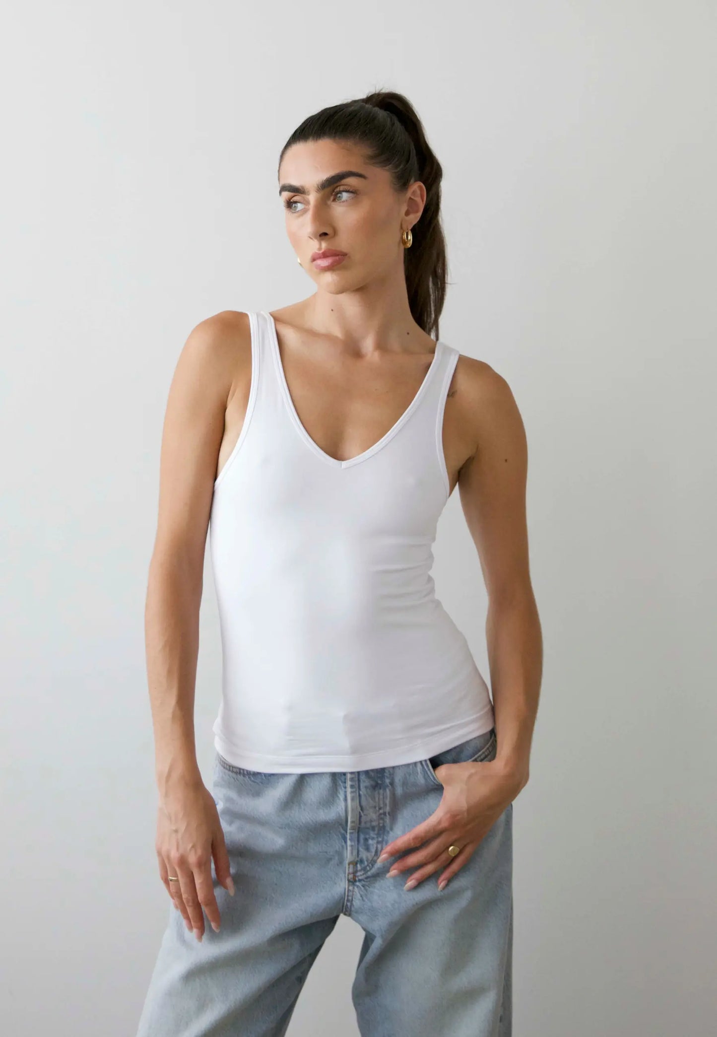 Organic Stretch V-Neck Tank Top, White Pantee