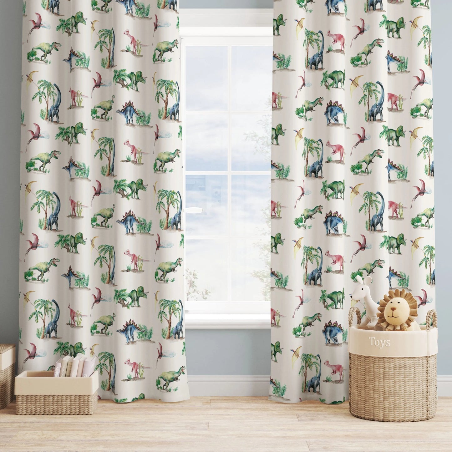 Painted Dinosaurs Children's Cotton Curtain Fabric Katie Hipwell Design