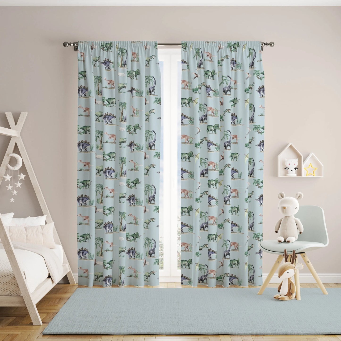 Painted Dinosaurs Children's Cotton Curtain Fabric Katie Hipwell Design