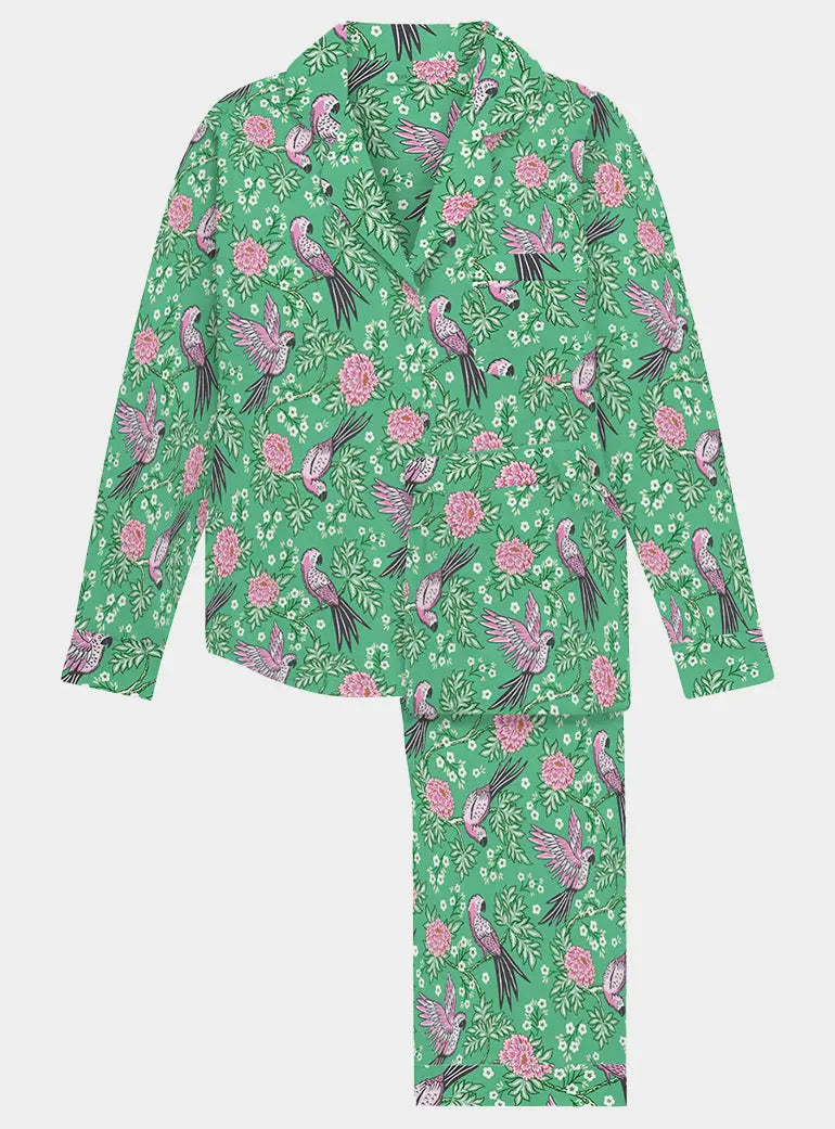 Pink Parrot on Green Women's Satin Pyjama Trouser Set Myza
