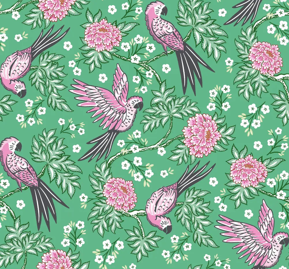 Pink Parrot on Green Women's Satin Pyjama Trouser Set Myza