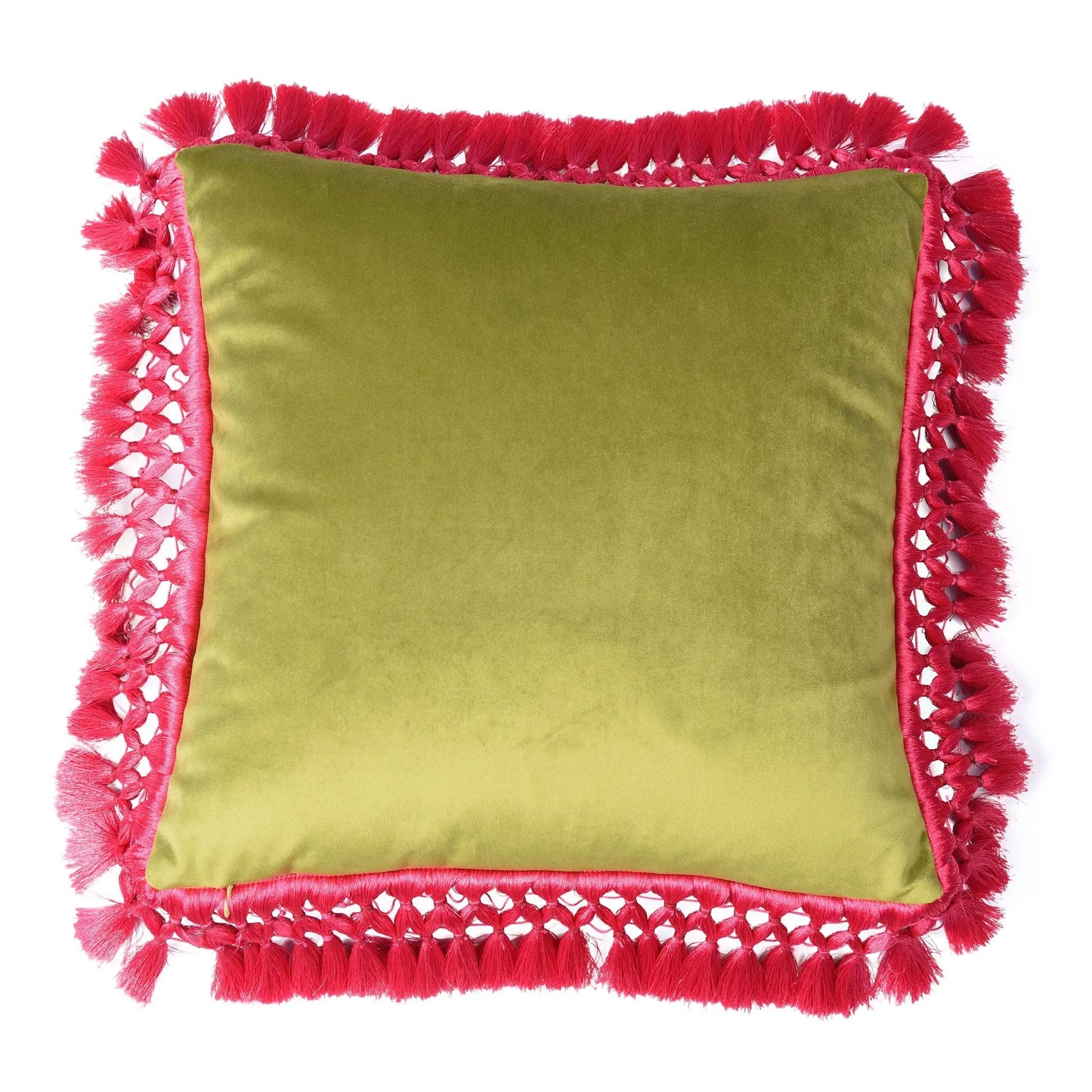Pistachio & Olive Oriental Velvet Cushion With Fuschia Fringe Bivain