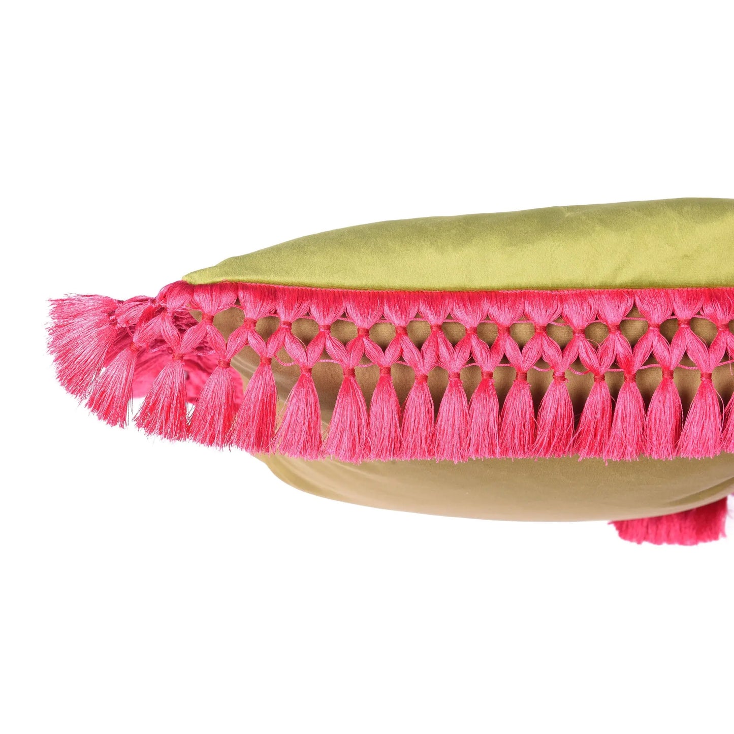 Pistachio & Olive Oriental Velvet Cushion With Fuschia Fringe Bivain