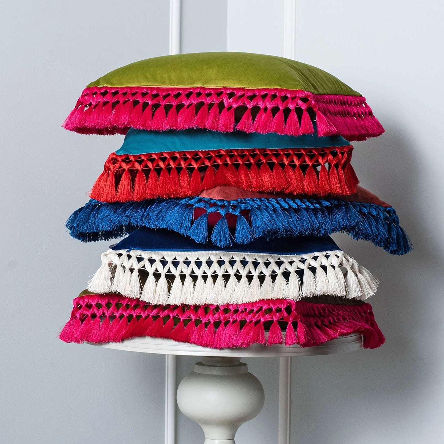 Pistachio & Olive Oriental Velvet Cushion With Fuschia Fringe Bivain