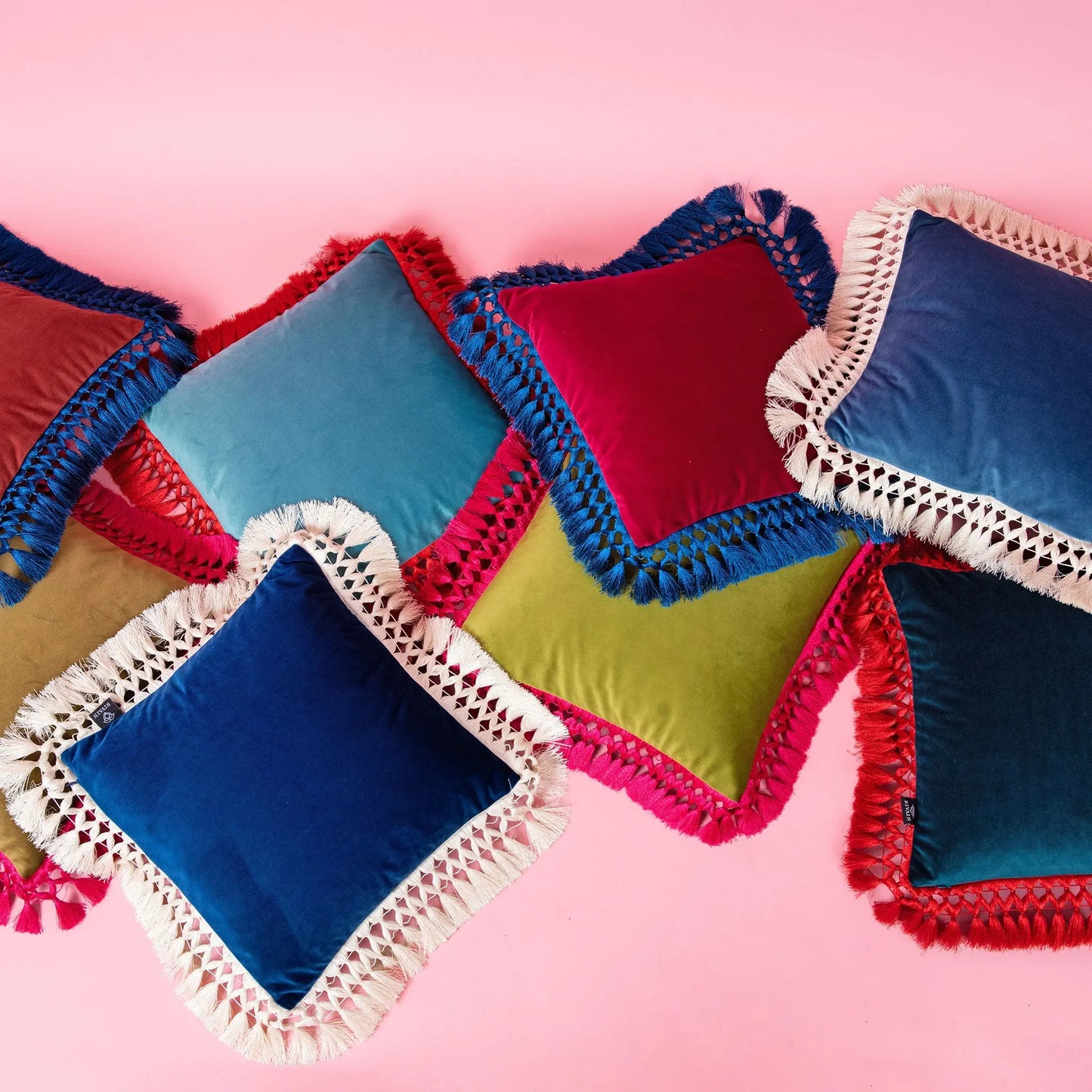 Pistachio & Olive Oriental Velvet Cushion With Fuschia Fringe Bivain