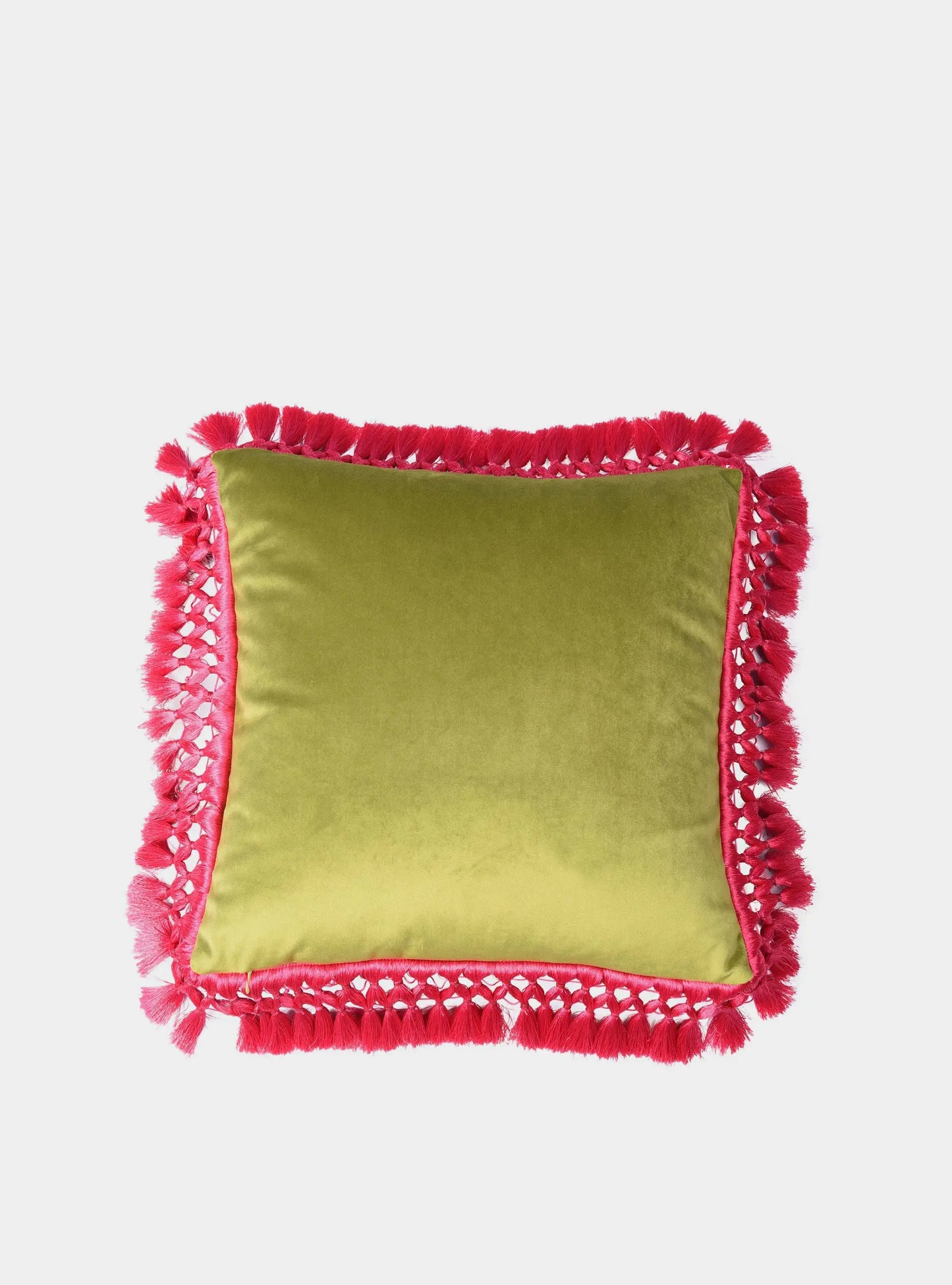 Pistachio & Olive Oriental Velvet Cushion With Fuschia Fringe Bivain