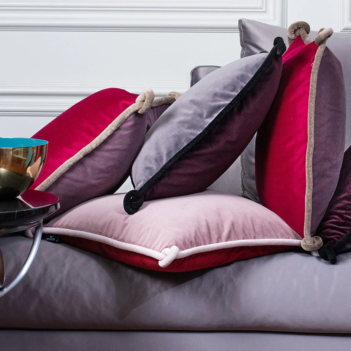Plum & Grey Velvet Cushion With Black Piping Bivain