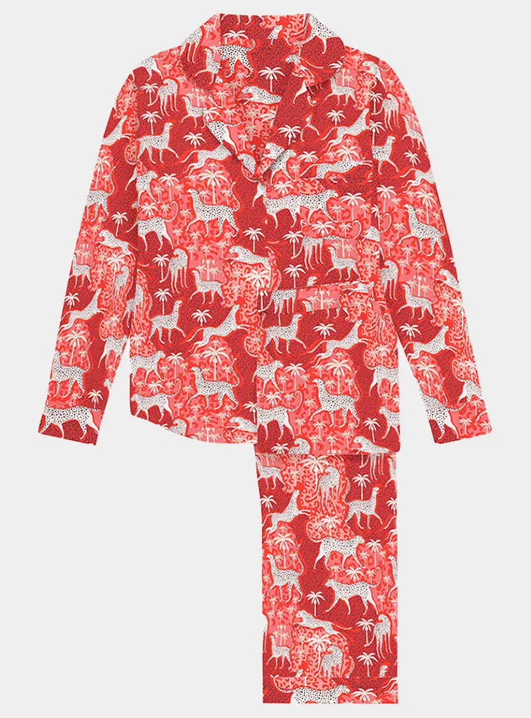 Red Leopard Women's Satin Pyjama Trouser Set Myza