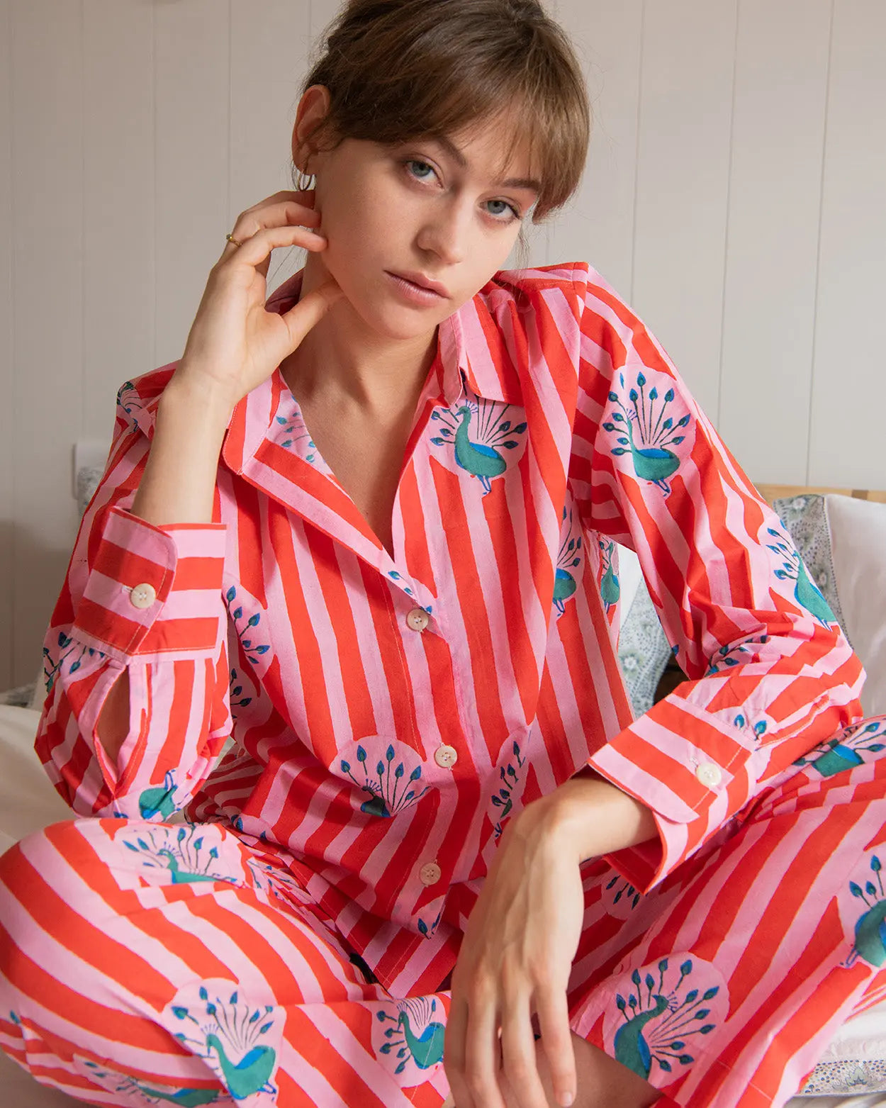 Red Pink Stripe Peacock Women's Pyjama Trouser Set