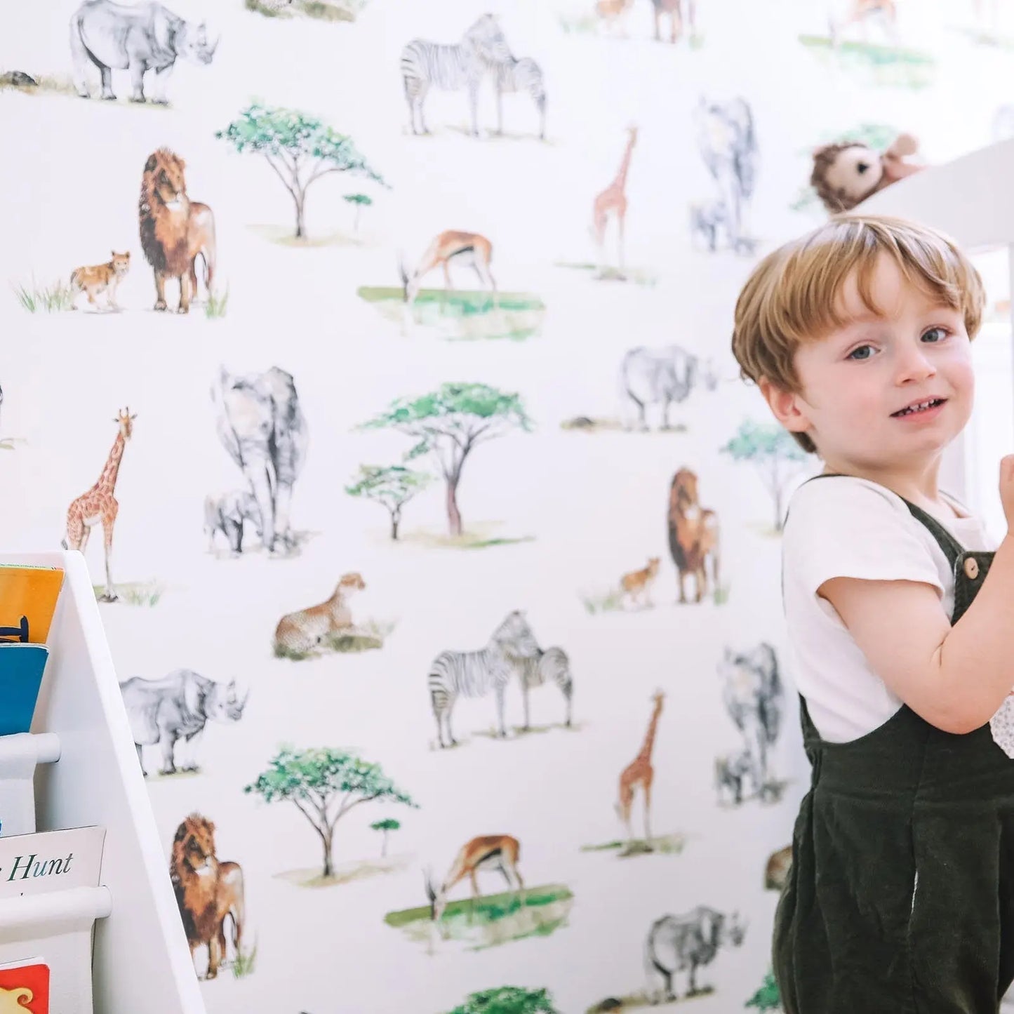 Safari Animals Hand-Designed Children's Wallpaper - Blue, Cream and Grey Colour Options Katie Hipwell Design