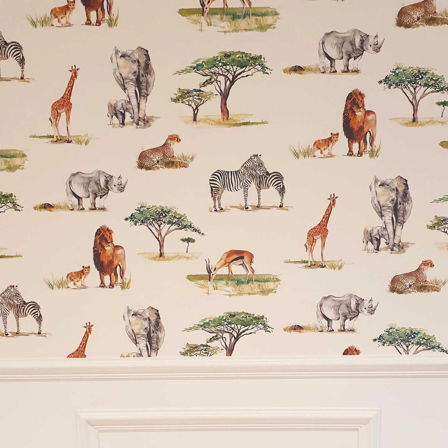 Safari Animals Hand-Designed Children's Wallpaper - Blue, Cream and Grey Colour Options Katie Hipwell Design