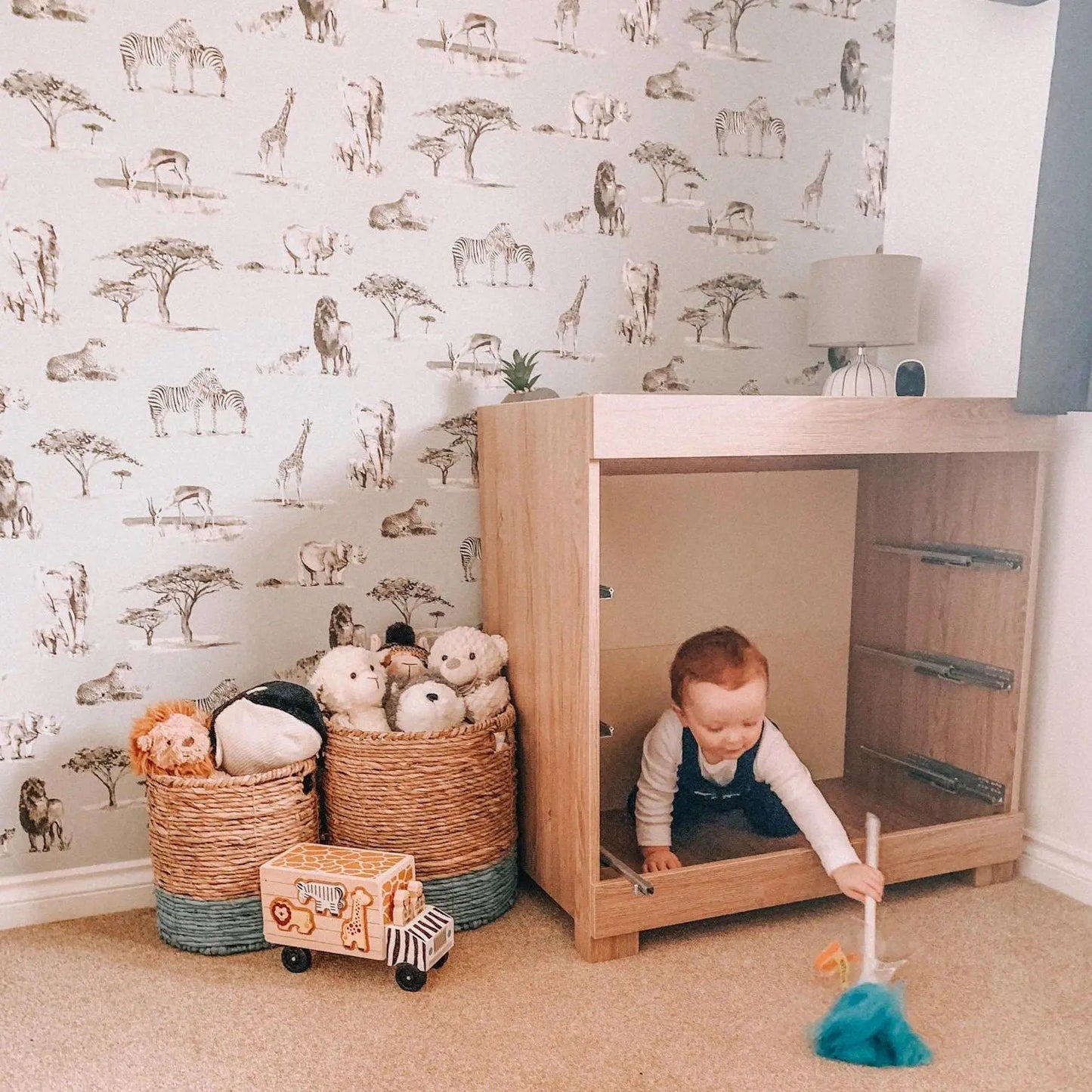 Safari Animals Hand-Designed Children's Wallpaper - Blue, Cream and Grey Colour Options Katie Hipwell Design