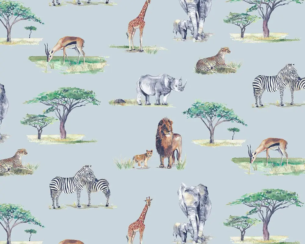 Safari Animals Hand-Designed Children's Wallpaper - Blue, Cream and Grey Colour Options Katie Hipwell Design