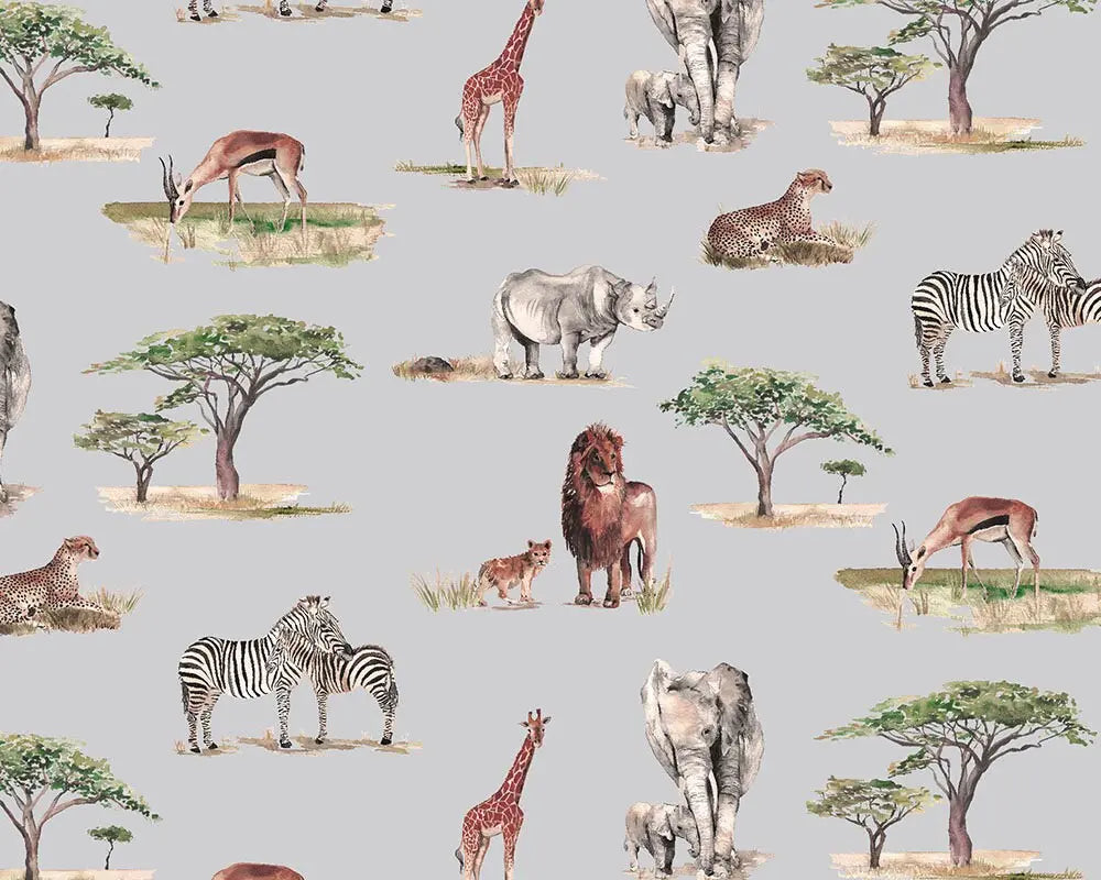 Safari Animals Hand-Designed Children's Wallpaper - Blue, Cream and Grey Colour Options Katie Hipwell Design