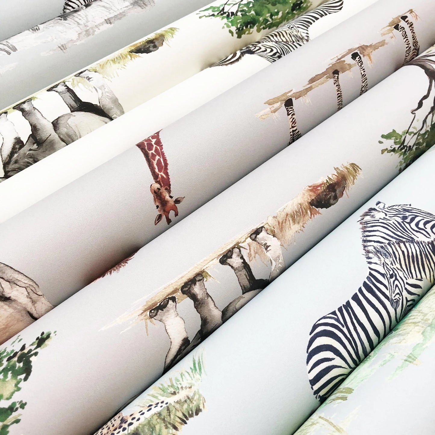 Safari Animals Hand-Designed Children's Wallpaper - Blue, Cream and Grey Colour Options Katie Hipwell Design