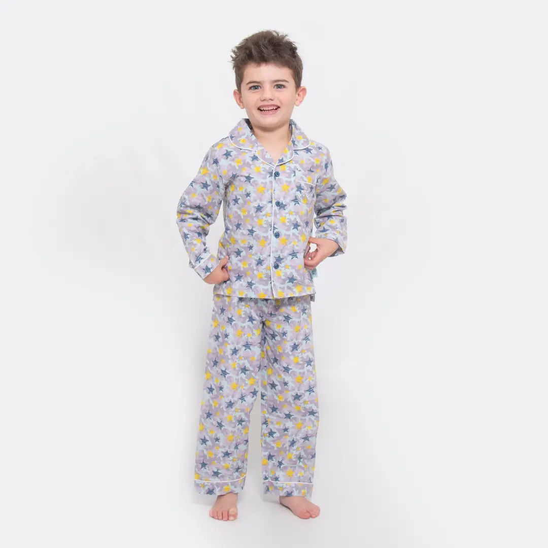 Shining Stars Print Boys Button Up Pyjamas Luca and Rosa
