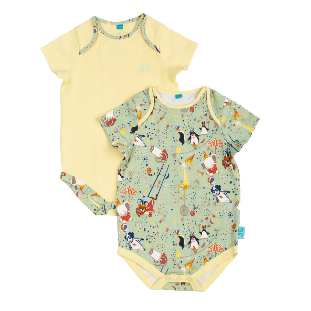 Showman Print Green & Yellow Baby Vest Set Luca and Rosa