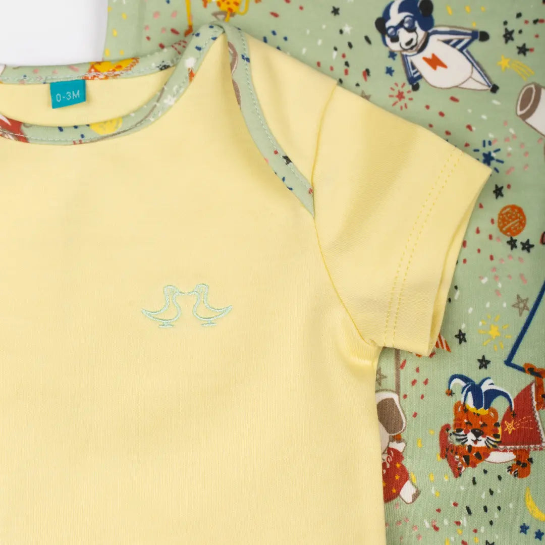 Showman Print Green & Yellow Baby Vest Set Luca and Rosa