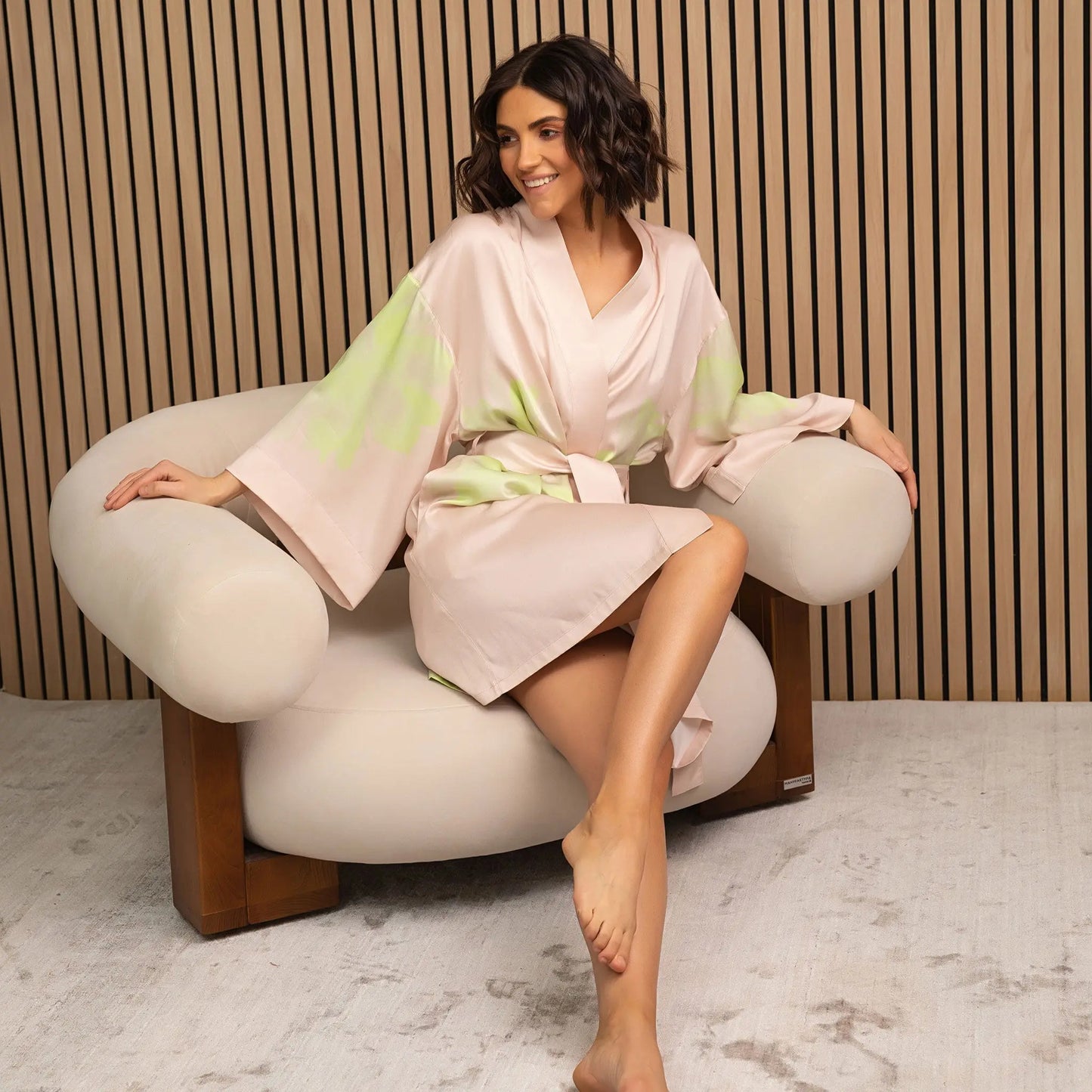 Silk Dreamscape Short Kimono Robe Pink Flower NOKAYA