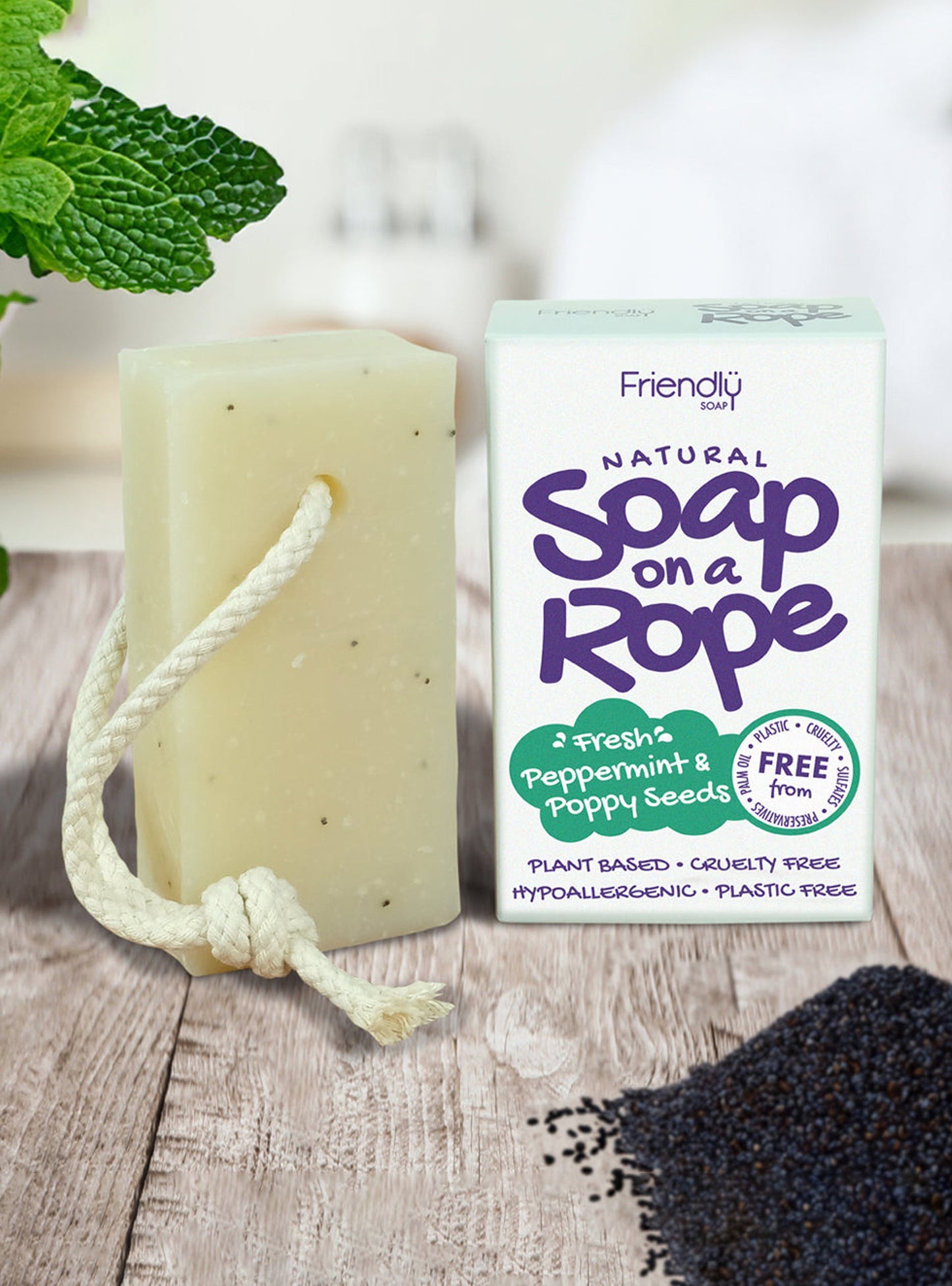 Natural Soap On A Rope - 'Fresh' Peppermint & Poppyseeds 125g Friendly Soap