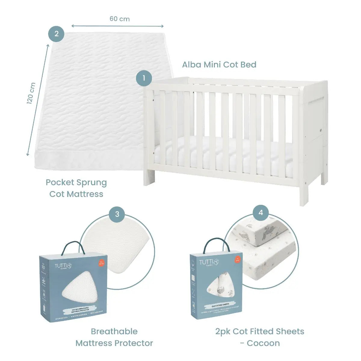 Supreme Alba Mini Cot Bed, Mattress & Bedding Bundle Tutti Bambini