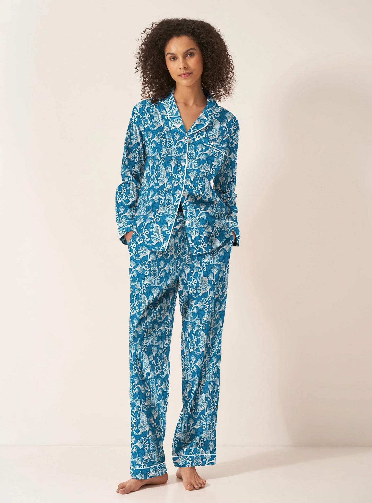 Tiger & Florals Women's Long Sleeve Organic Cotton Pyjama Trouser Set Myza