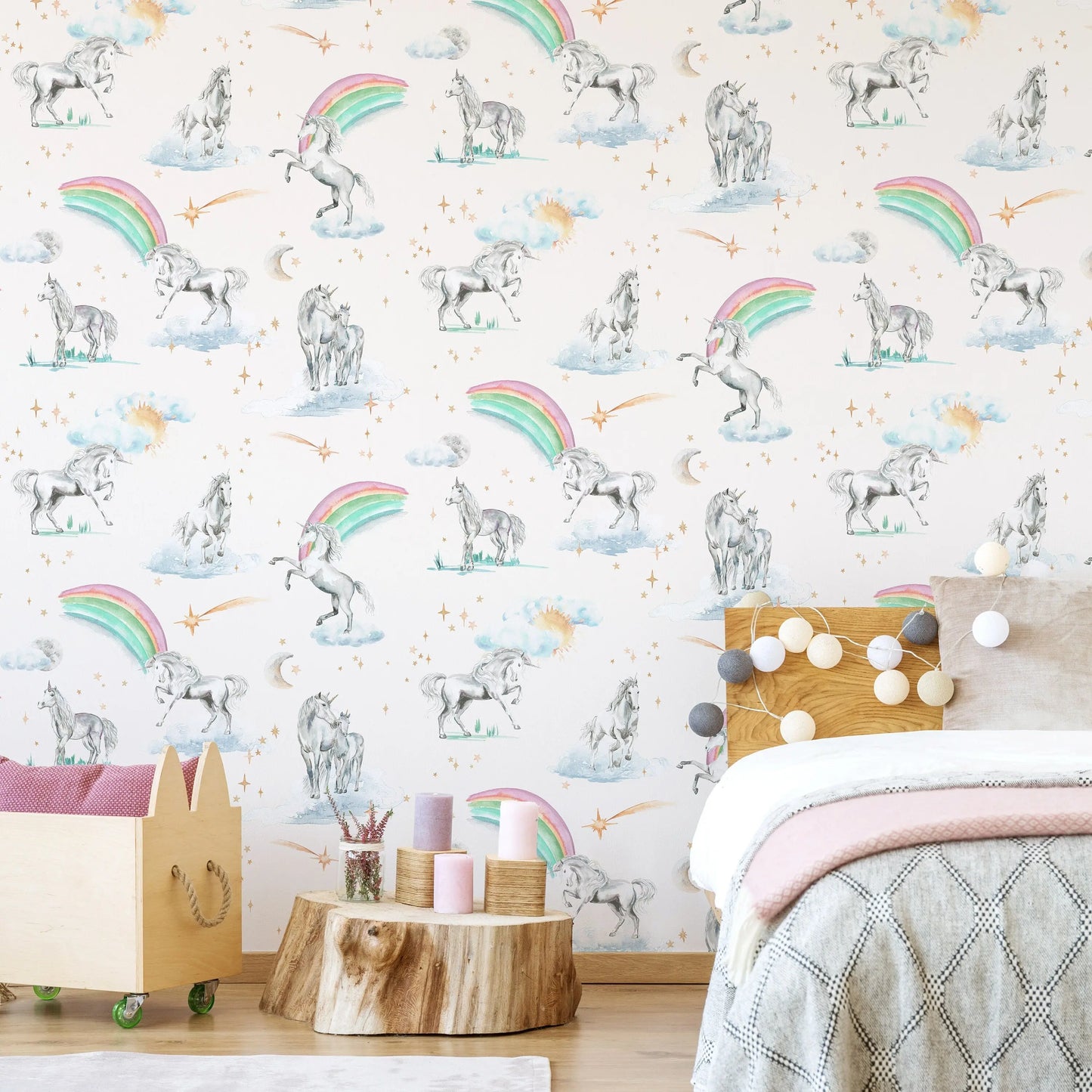 Unicorns and rainbows hand-designed wallpaper Katie Hipwell Design