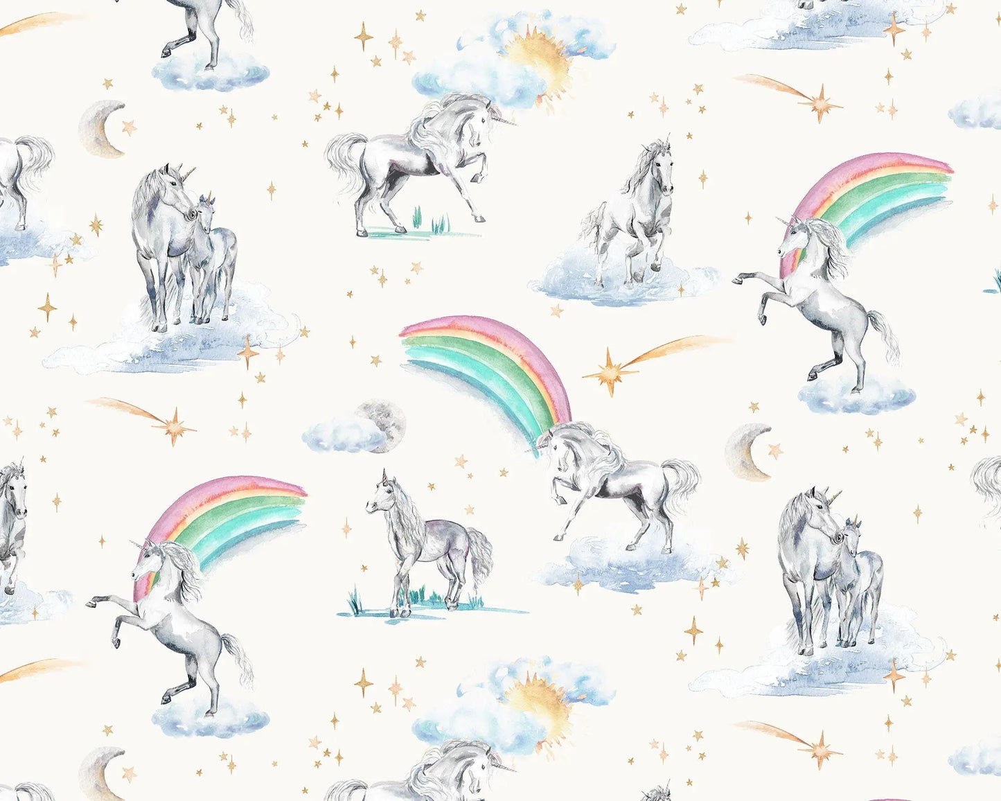 Unicorns and rainbows hand-designed wallpaper Katie Hipwell Design
