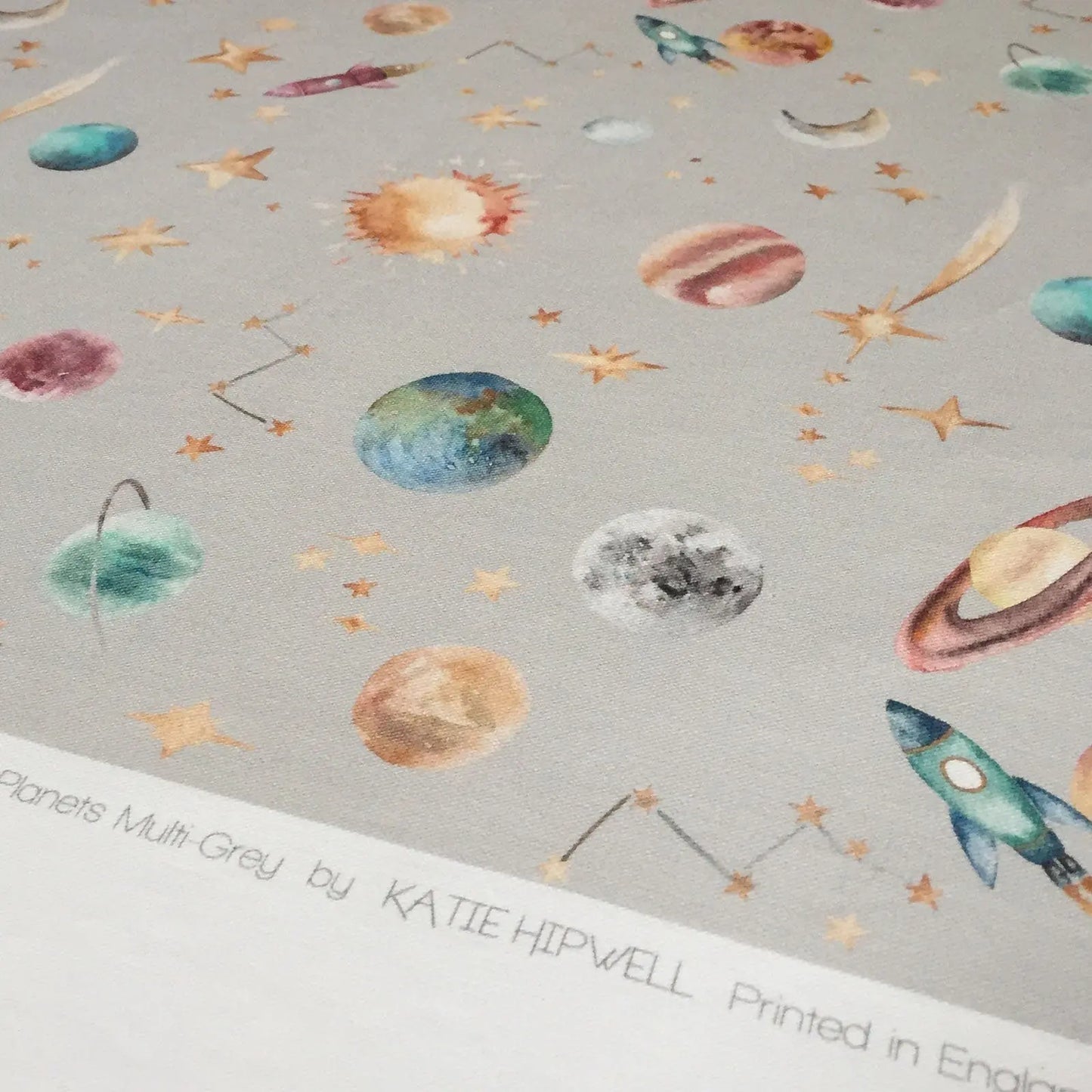 Watercolour Planets Outer Space - Cotton Curtain Fabric Katie Hipwell Design