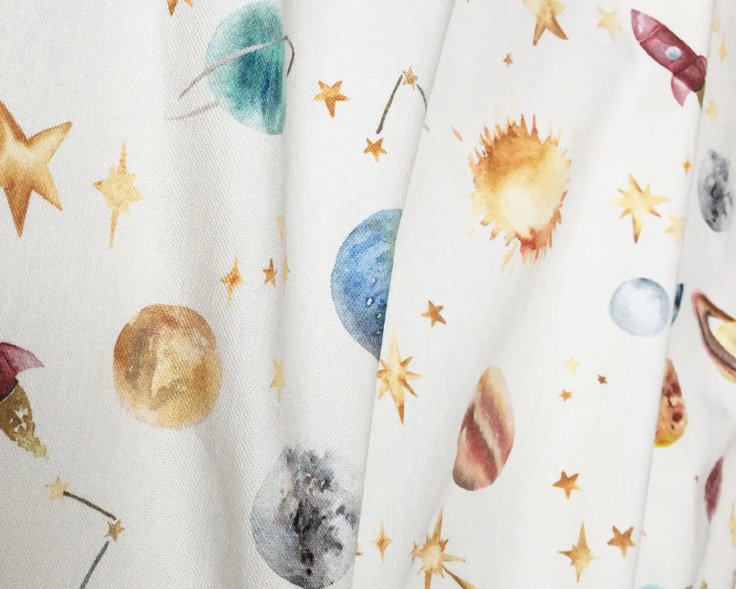 Watercolour Planets Outer Space - Cotton Curtain Fabric Katie Hipwell Design