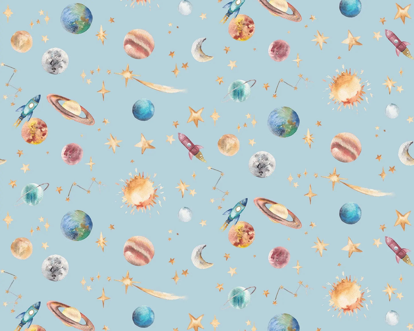 Watercolour Planets Outer Space - Cotton Curtain Fabric Katie Hipwell Design